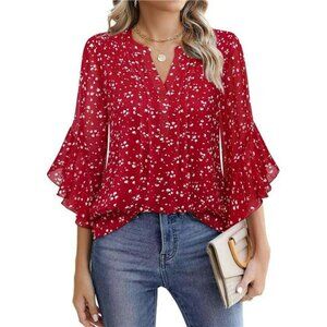 Womens Chiffon Blouse 34 Sleeve V Neck Work Top Dressy Casual Office Shirt